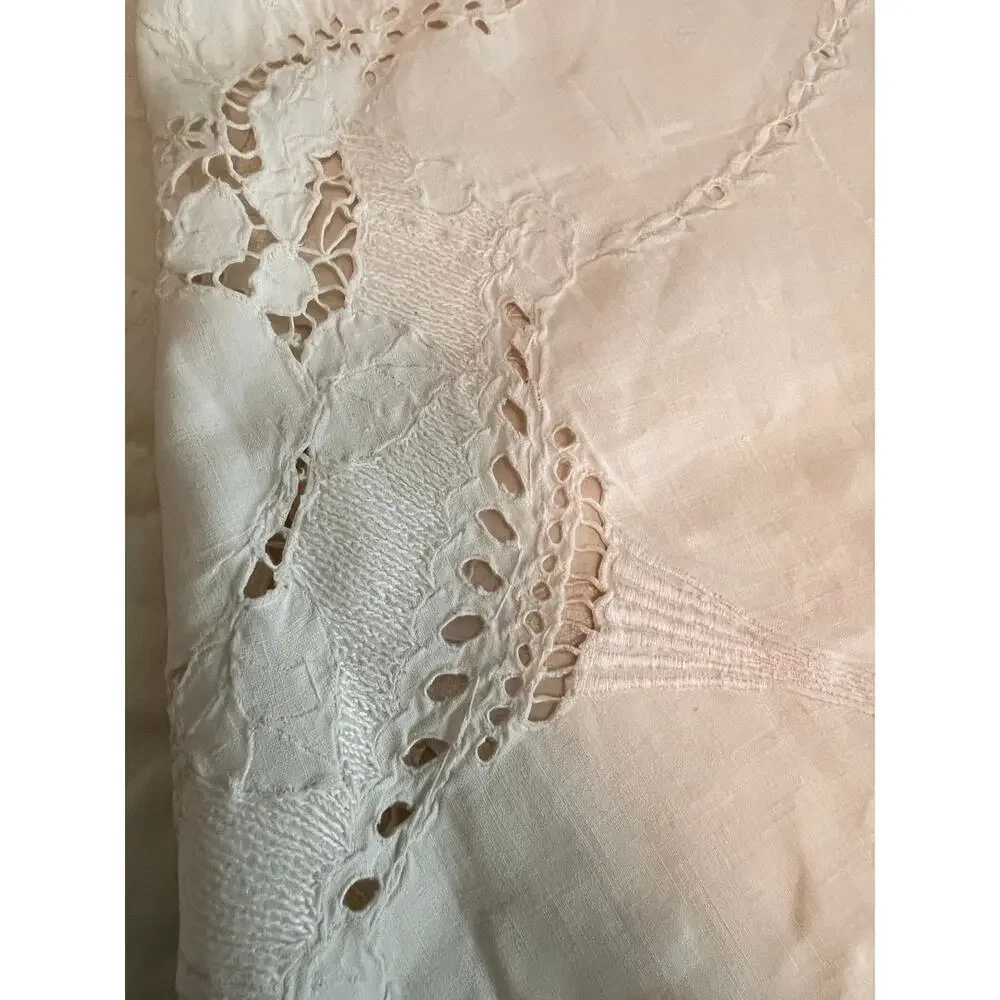 vintage cut thread work embroidery cotton white tablecloth or bed cover